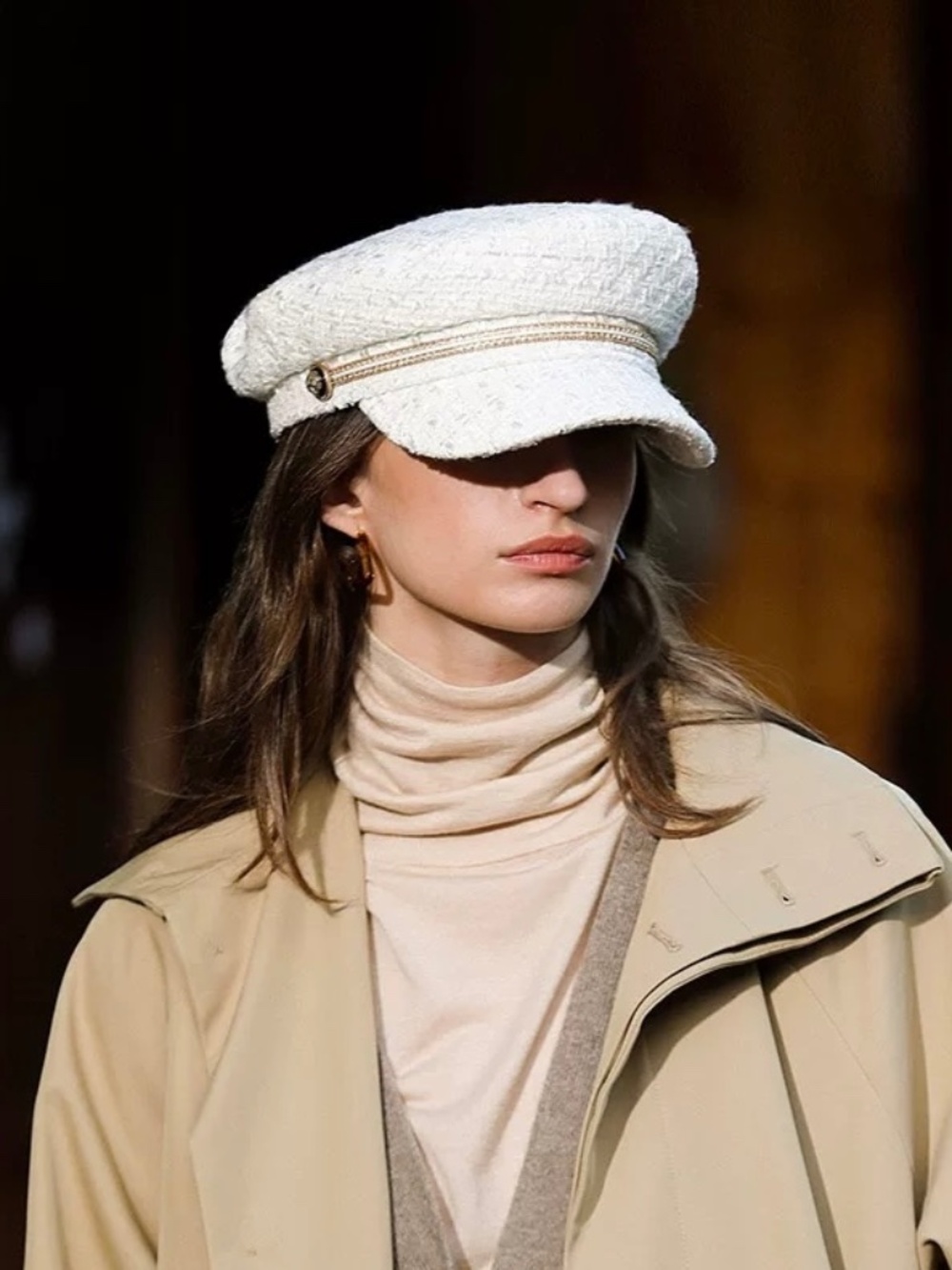 French Tweed Newsboy Cap with Crystal Chain Trim and Structured Brim